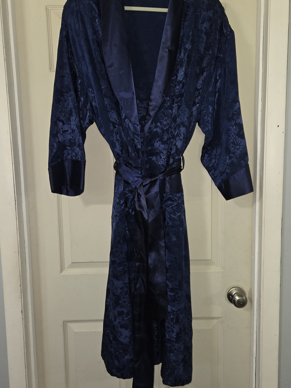 Navy Floral Jacquard Satin Robe